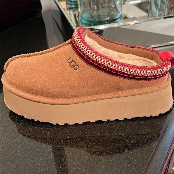 UGG Tasman II Chestnut Suede Slip-Ons with Red Patterned Trim platform slippers - Picture 4 of 15